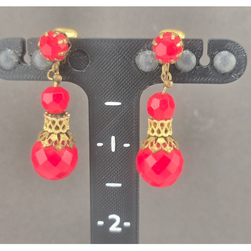 Vintage Estate Clip On Earrings Red Faceted Glass Bead Filigree Drop 1.75in